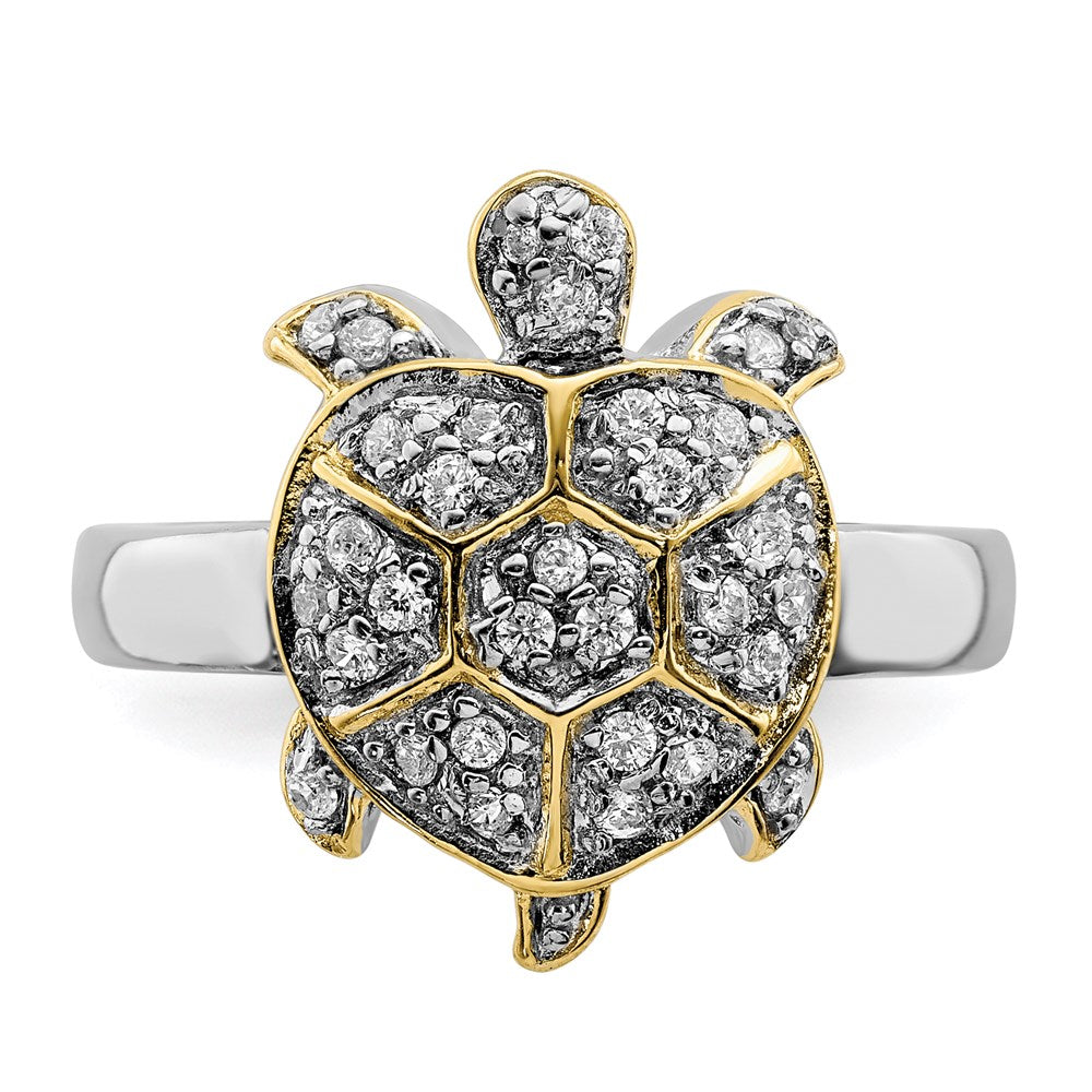 Sterling Silver Rhodium Plated Cz And Flash Gold Turtle Ring
