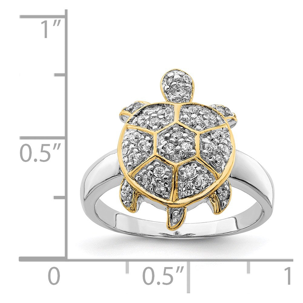 Sterling Silver Rhodium Plated Cz And Flash Gold Turtle Ring