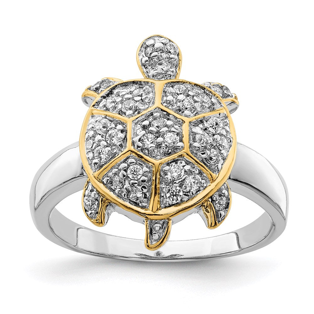 Sterling Silver Rhodium Plated Cz And Flash Gold Turtle Ring