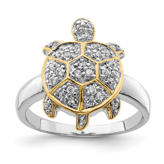Sterling Silver Rhodium Plated Cz And Flash Gold Turtle Ring