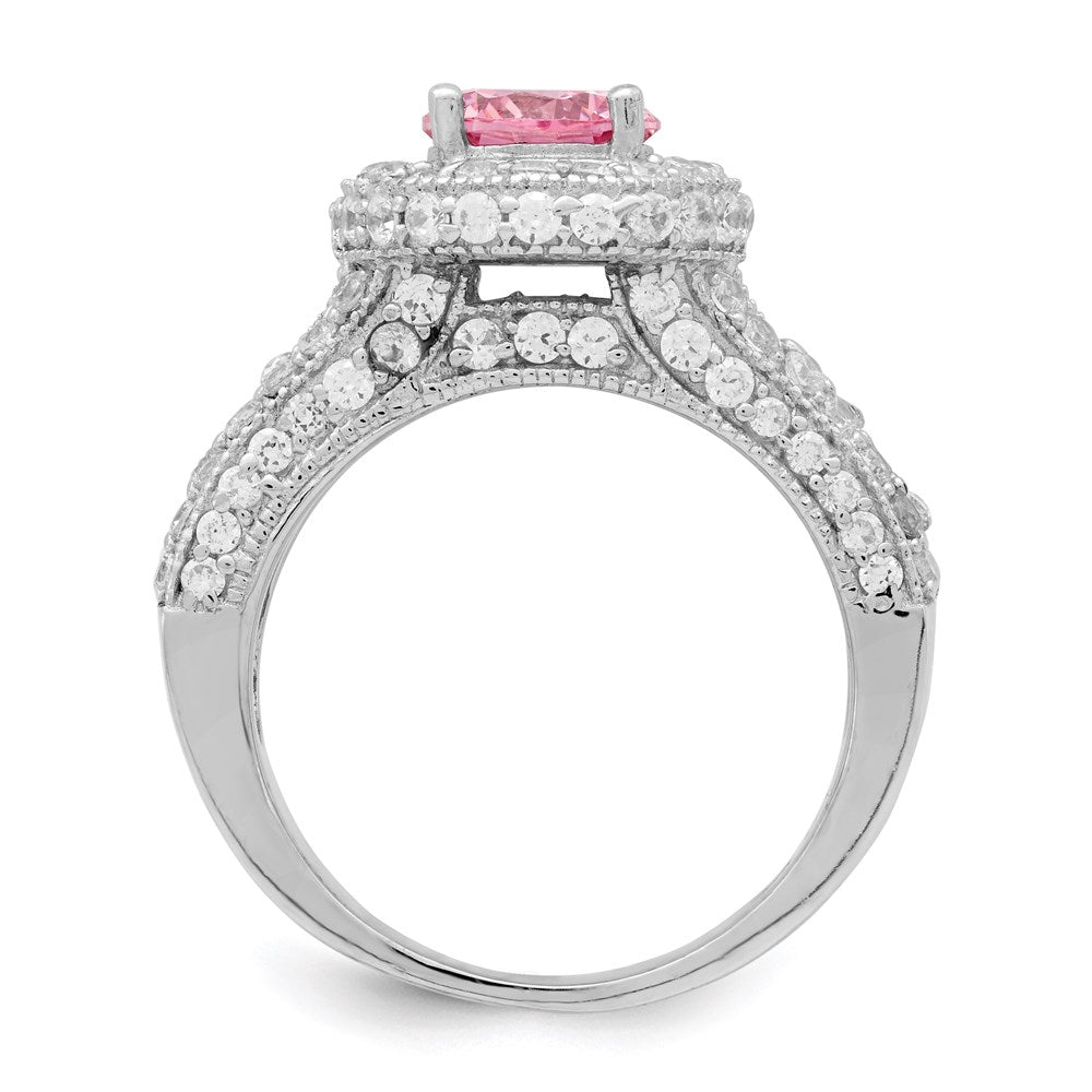Sterling Silver Rhodium Plated Round Pink And White Cz Ring
