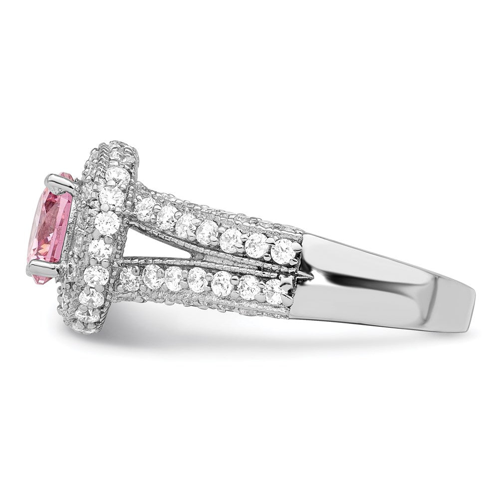 Sterling Silver Rhodium Plated Round Pink And White Cz Ring