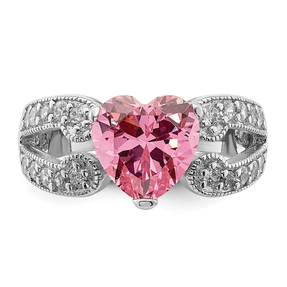 Sterling Silver Rhodium Plated Round Pink And White Cz Ring