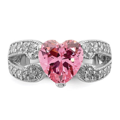 Sterling Silver Rhodium Plated Round Pink And White Cz Ring