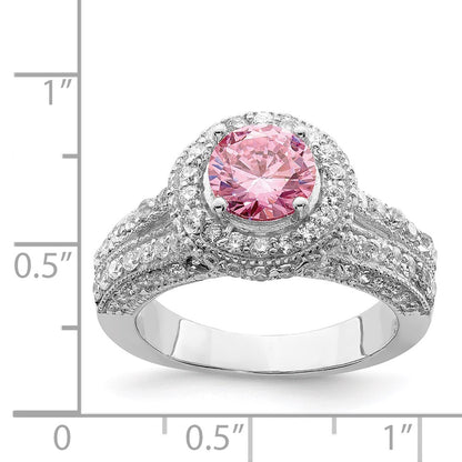 Sterling Silver Rhodium Plated Round Pink And White Cz Ring