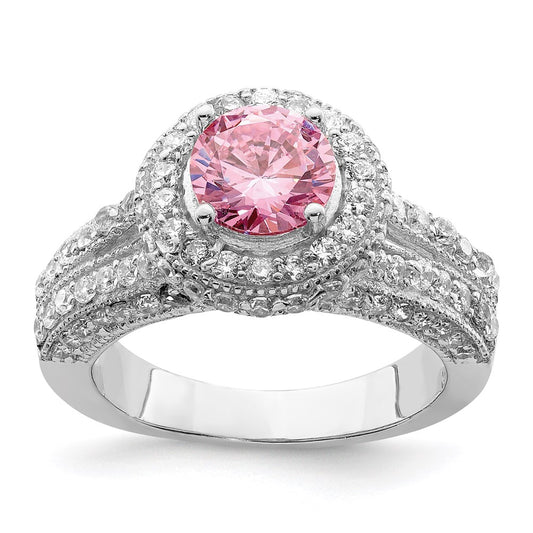 Sterling Silver Rhodium Plated Round Pink And White Cz Ring