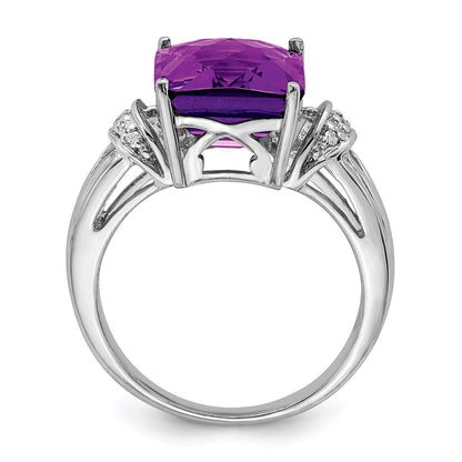 Sterling Silver Rhodium Plated Checker Cut Amethyst & Diamond Ring (Size 7 Only)