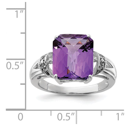 Sterling Silver Rhodium Plated Checker Cut Amethyst & Diamond Ring (Size 7 Only)