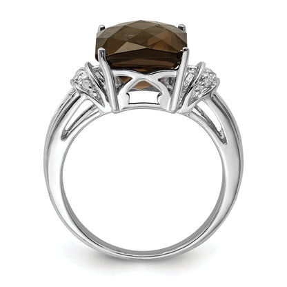 Sterling Silver Rhodium Octagonal Checker Cut Smoky Quartz & Diamond Ring (Size 7 Only)