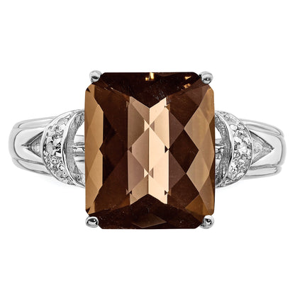 Sterling Silver Rhodium Octagonal Checker Cut Smoky Quartz & Diamond Ring (Size 7 Only)