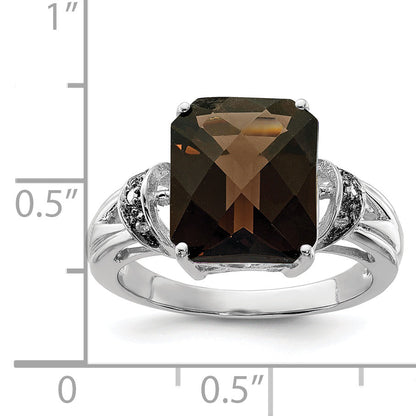 Sterling Silver Rhodium Octagonal Checker Cut Smoky Quartz & Diamond Ring (Size 7 Only)