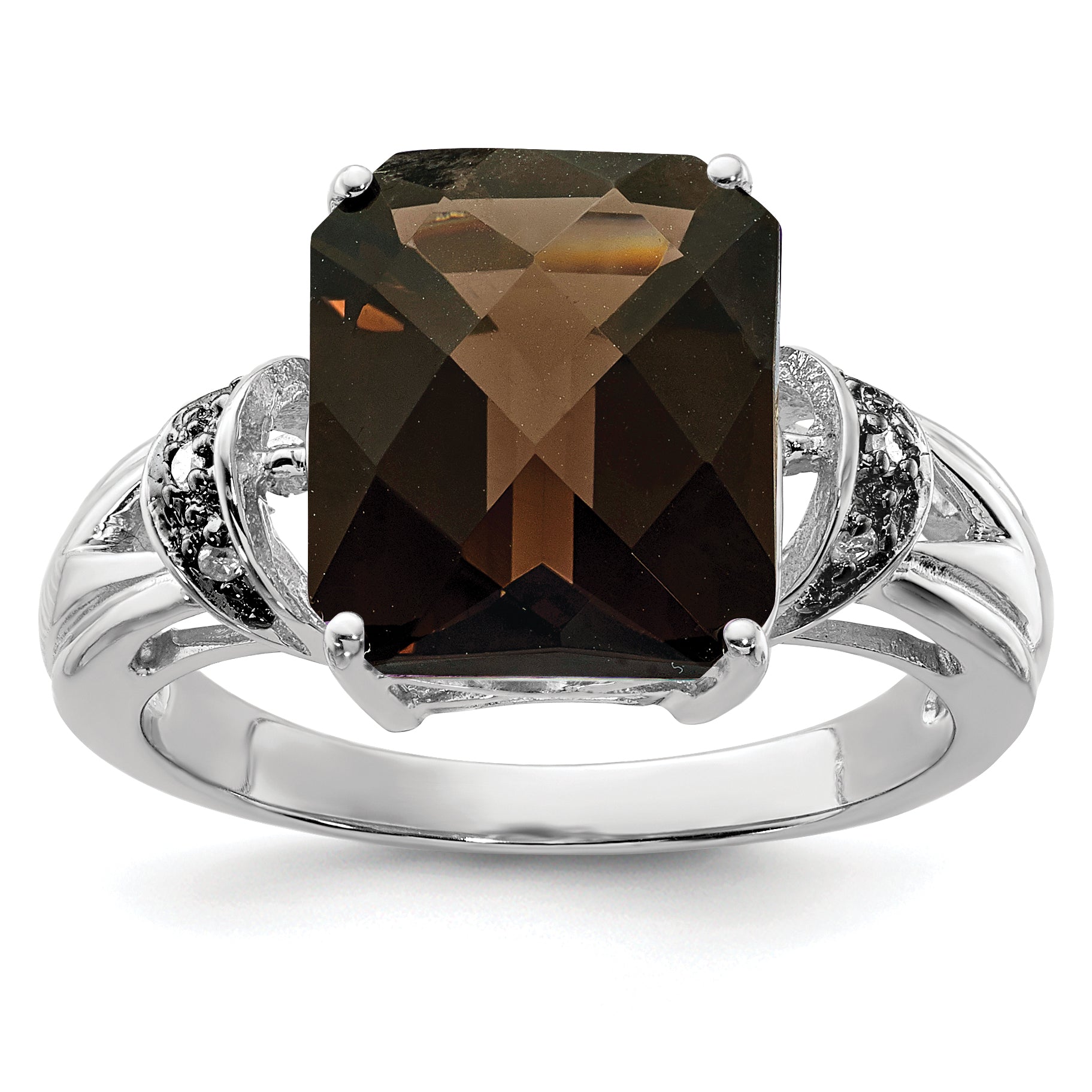 Sterling Silver Rhodium Octagonal Checker Cut Smoky Quartz & Diamond Ring (Size 7 Only)