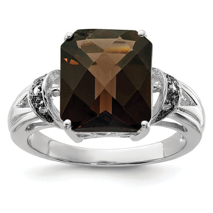 Sterling Silver Rhodium Octagonal Checker Cut Smoky Quartz & Diamond Ring (Size 7 Only)