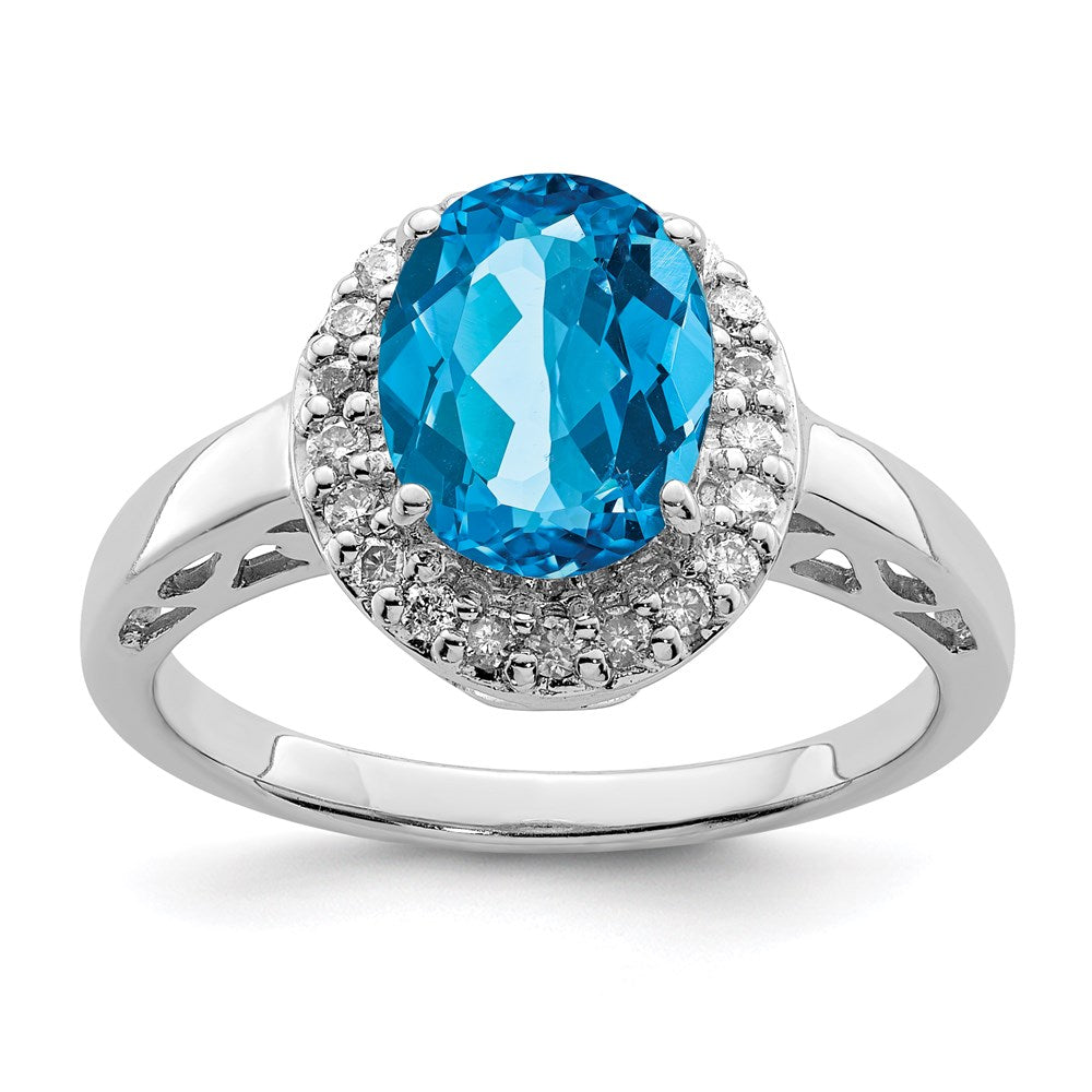 Sterling Silver Rhodium Oval Blue Topaz & Diamond Ring (Size 7 Only)