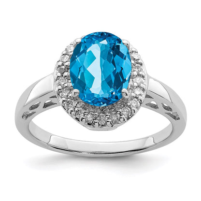 Sterling Silver Rhodium Oval Blue Topaz & Diamond Ring (Size 7 Only)