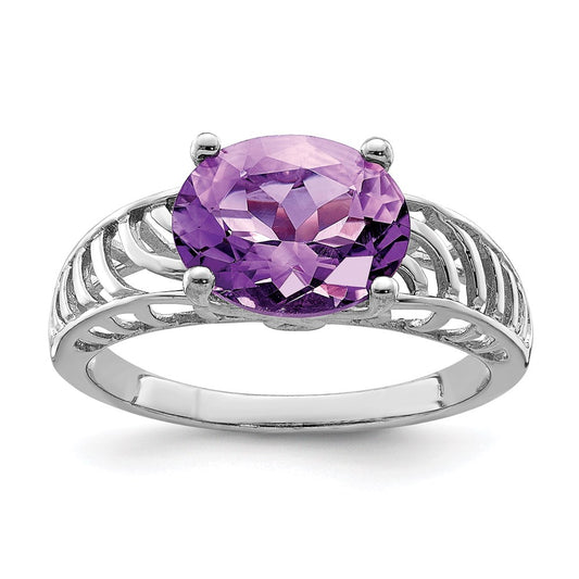 Sterling Silver Rhodium Plated Oval Amethyst Ring (Size 7 Only)
