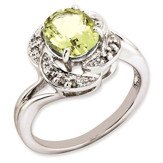 Sterling Silver Rhodium Plated Oval Lemon Quartz & Diamond Ring (Size 7 Only)
