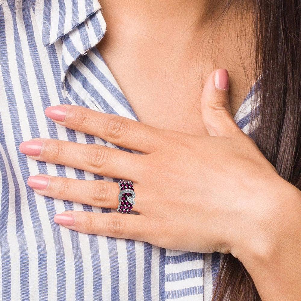 Sterling Silver Rhodium Plated Rhodolite Garnet & Diamond Ring