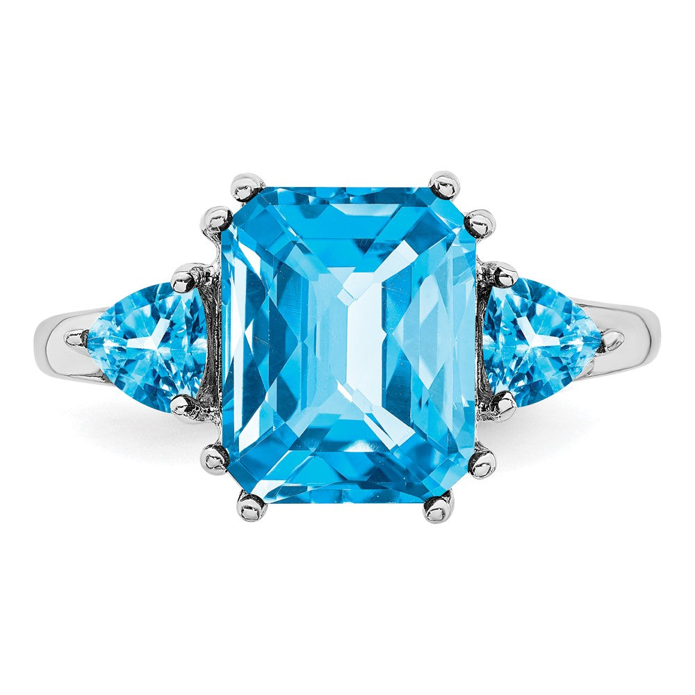 Sterling Silver Rhodium Checker Cut Blue Topaz Ring