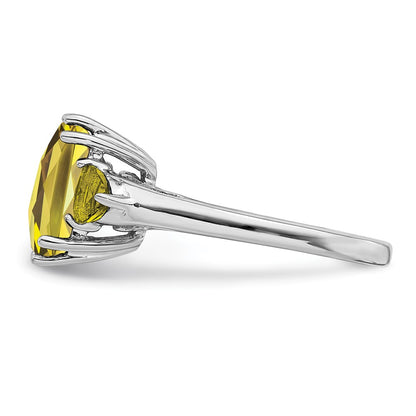 Sterling Silver Rhodium Checker Cut Lemon Quartz Ring