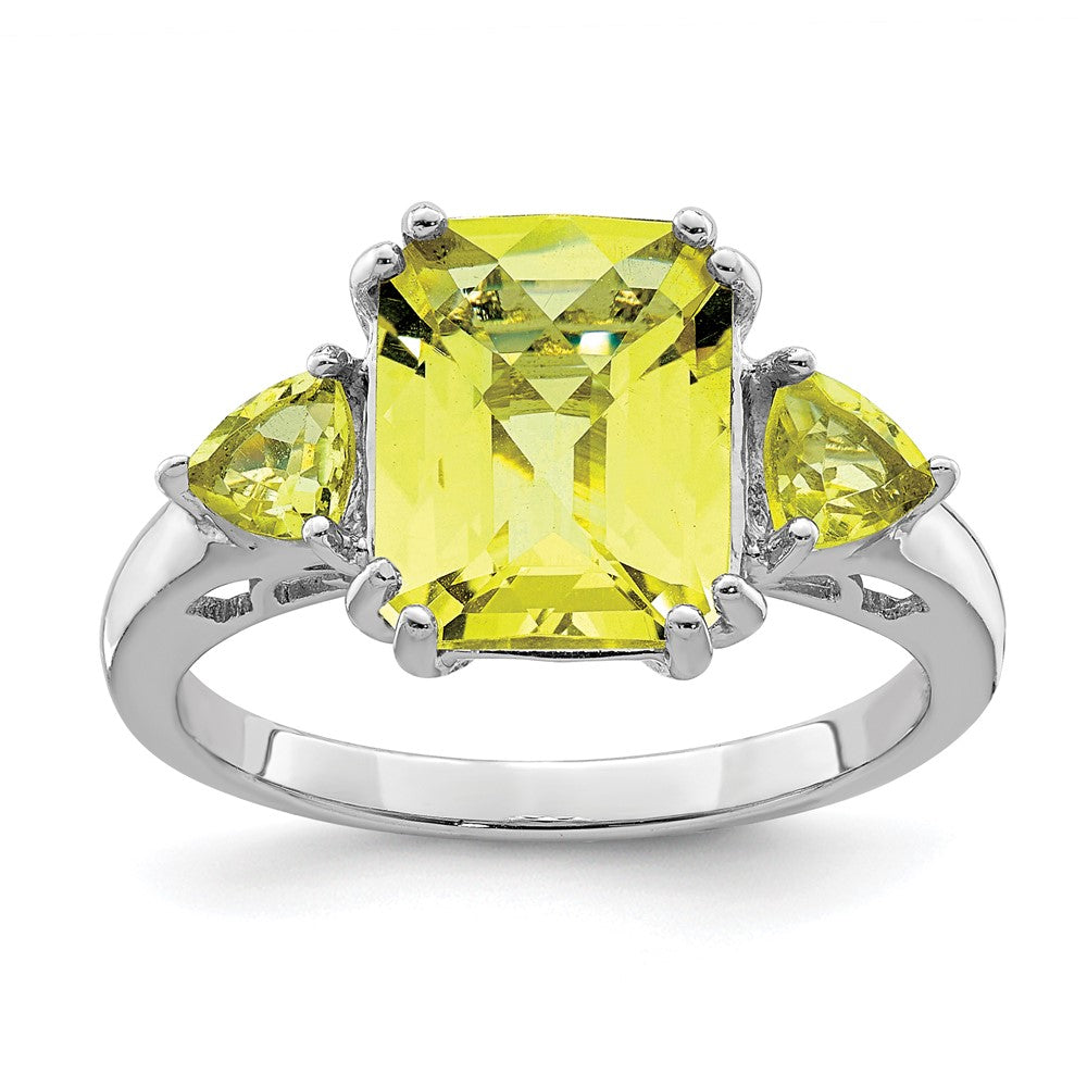 Sterling Silver Rhodium Checker Cut Lemon Quartz Ring
