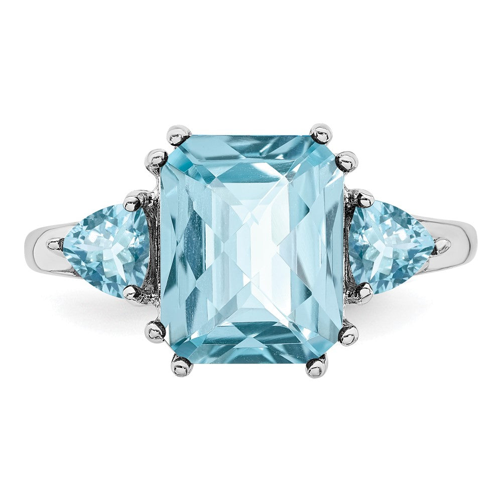 Sterling Silver Rhodium Checker Cut Sky Blue & Topaz Ring