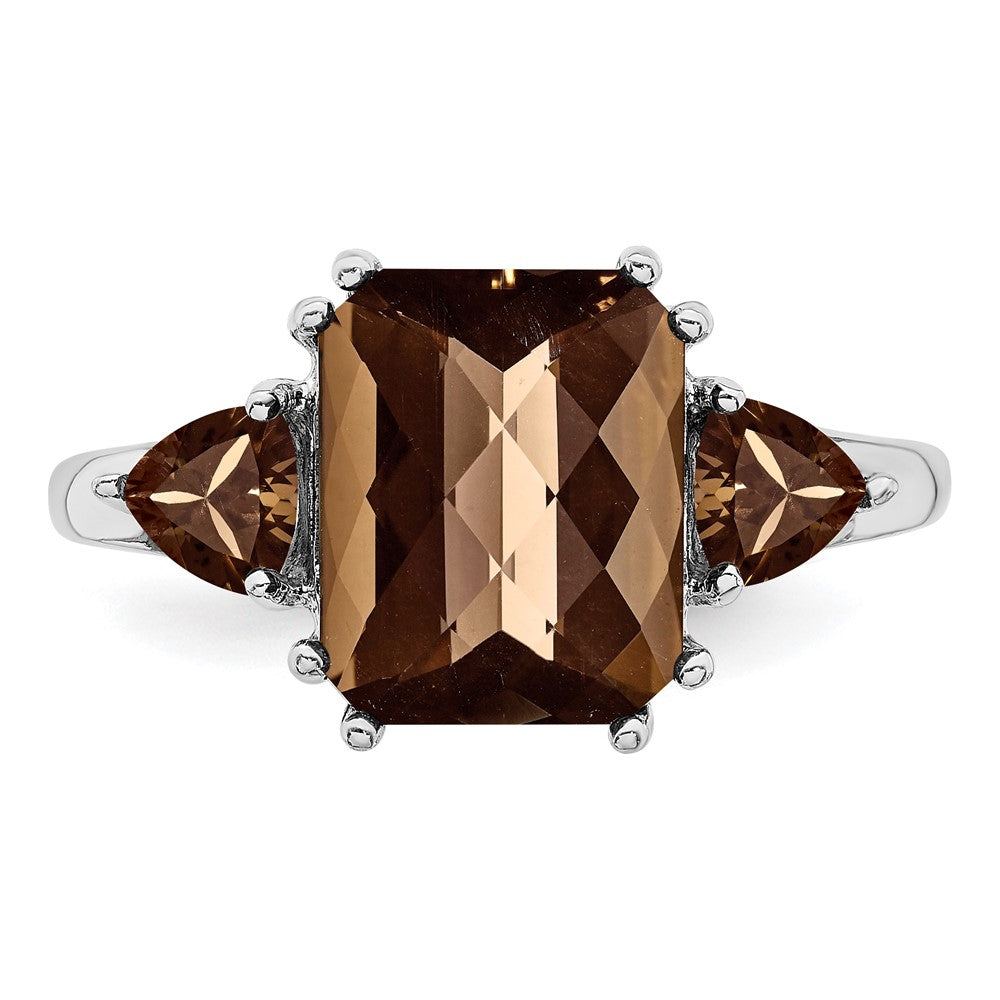Sterling Silver Rhodium Checker Cut Smoky Quartz Ring