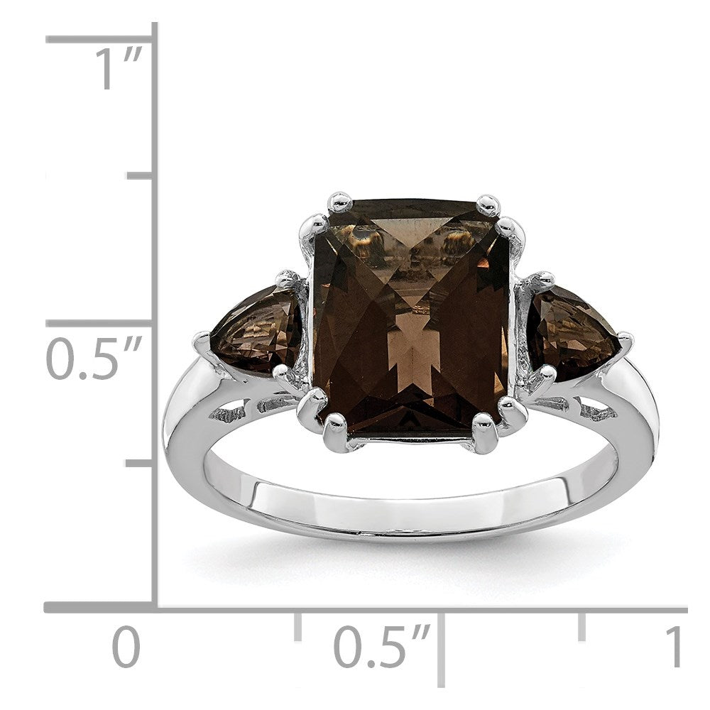 Sterling Silver Rhodium Checker Cut Smoky Quartz Ring