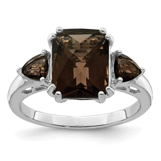 Sterling Silver Rhodium Checker Cut Smoky Quartz Ring