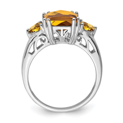 Sterling Silver Rhodium Checker Cut Whiskey Quartz Ring