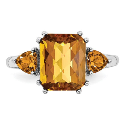 Sterling Silver Rhodium Checker Cut Whiskey Quartz Ring