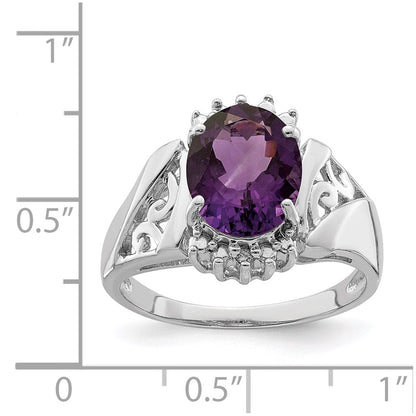 Sterling Silver Rhodium Checker-Cut Amethyst & Oval Diamond Gemstone Birthstone Ring Fine Jewelry Gift for Her