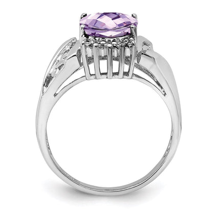 Sterling Silver Rhodium Checker-Cut Pink Quartz & Oval Natural Diamond Gemstone Birthstone Ring Fine Jewelry Gift for Her