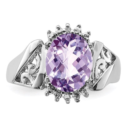 Sterling Silver Rhodium Checker-Cut Pink Quartz & Oval Natural Diamond Gemstone Birthstone Ring Fine Jewelry Gift for Her