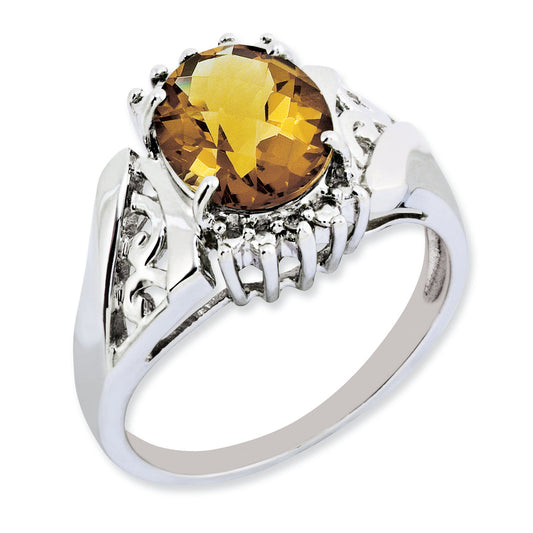 Sterling Silver Rh Plated Checker Cut Whiskey Quartz & Oval Diamond Ring (Size 7 Only)