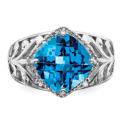 Sterling Silver Rhodium Checker Cut Blue Topaz & Diamond Ring (Size 7 Only)