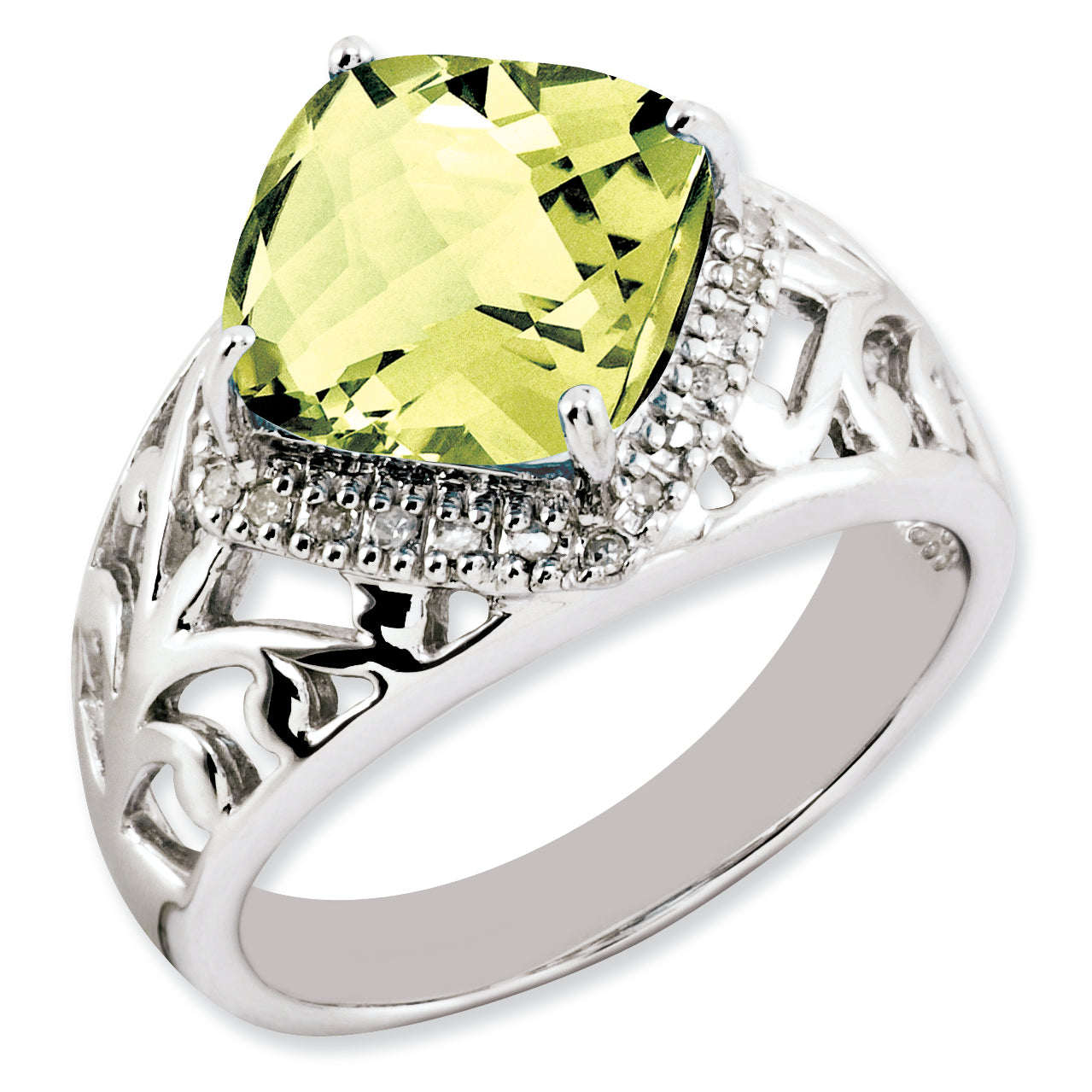 Sterling Silver Rhodium Plated Checker Cut Lemon Quartz & Diamond Ring (Size 7 Only)