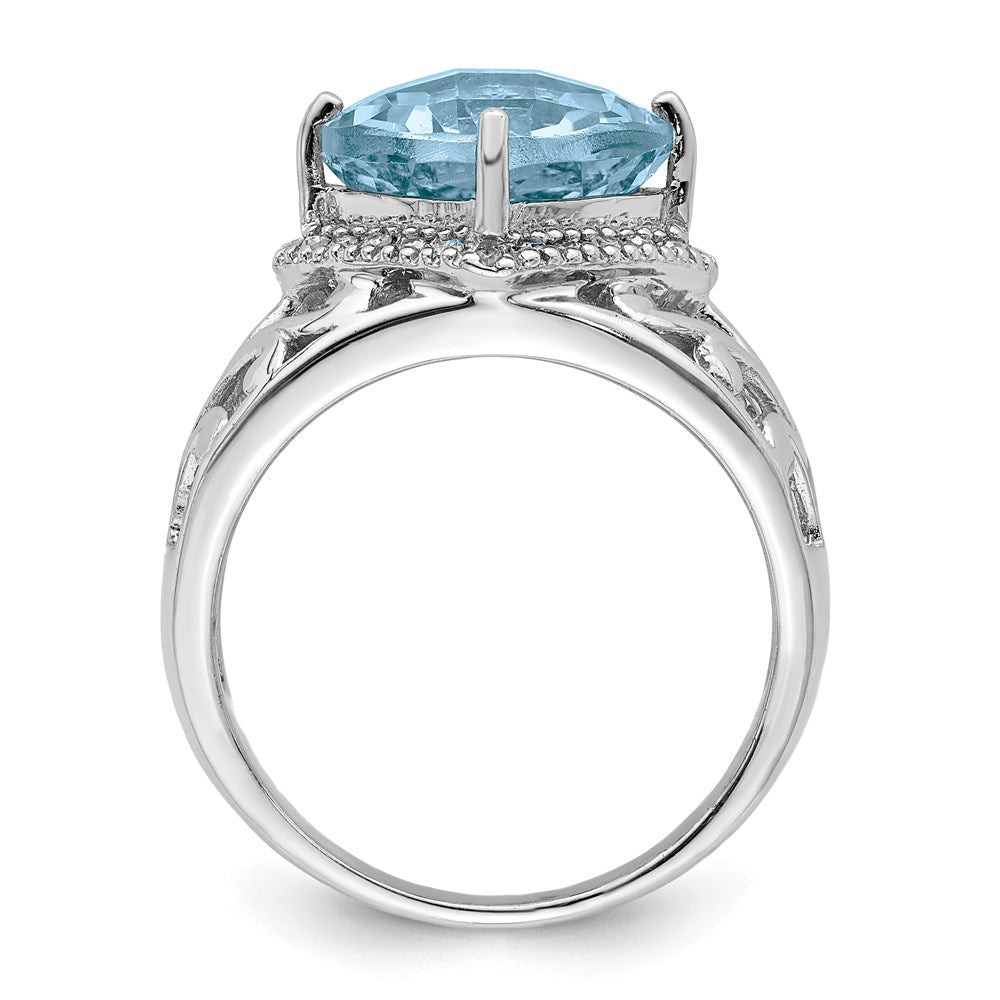 Sterling Silver Rhodium Checker-Cut Sky Blue Topaz & Natural Diamond Gemstone Birthstone Ring Fine Jewelry Gift for Her