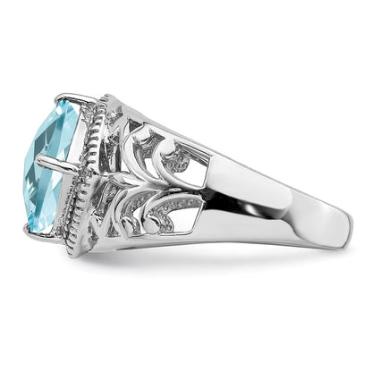 Sterling Silver Rhodium Checker-Cut Sky Blue Topaz & Natural Diamond Gemstone Birthstone Ring Fine Jewelry Gift for Her