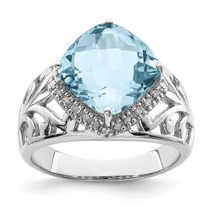 Sterling Silver Rhodium Checker-Cut Sky Blue Topaz & Natural Diamond Gemstone Birthstone Ring Fine Jewelry Gift for Her