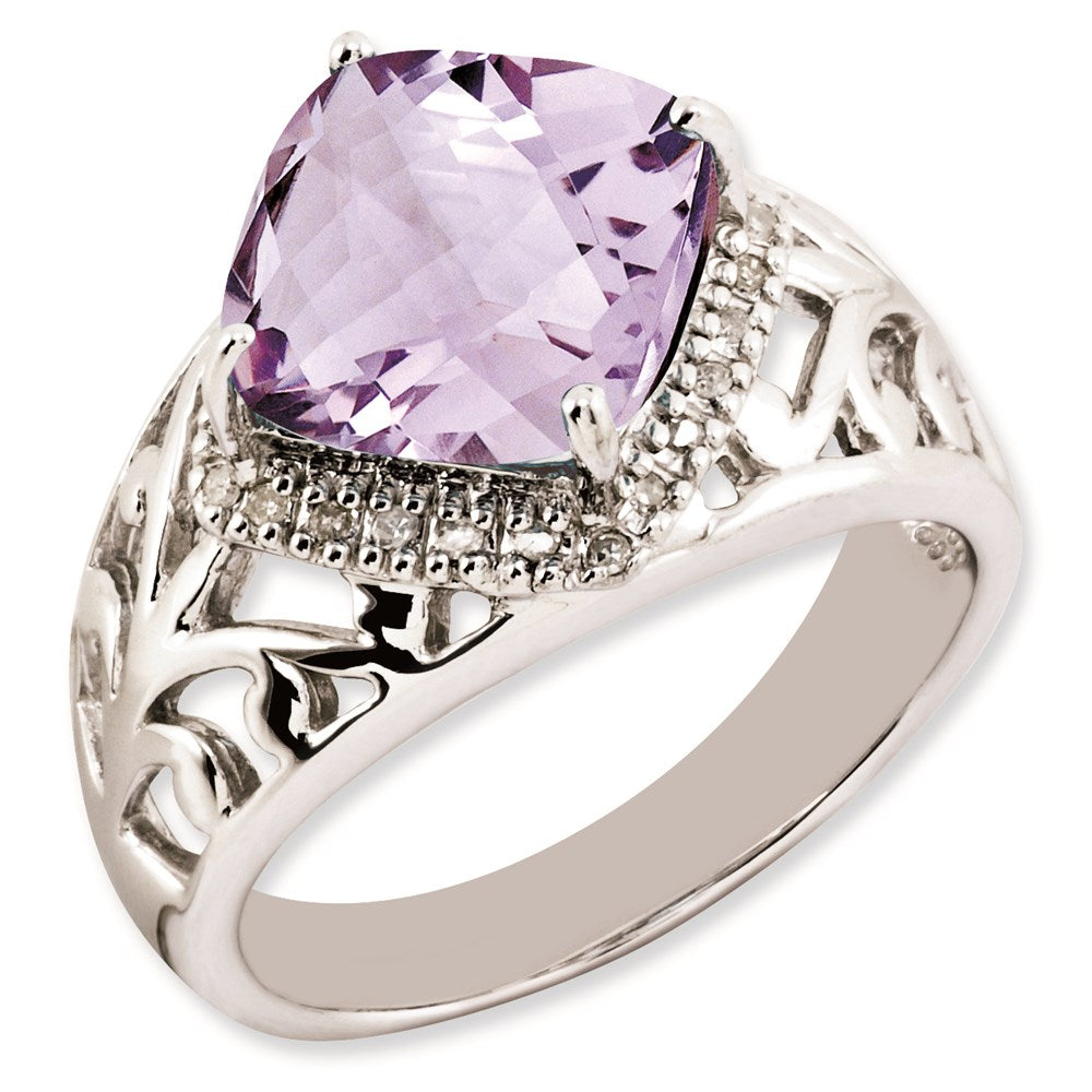 Sterling Silver 14K White Gold Plated Checker-Cut Pink Quartz & Diamond Gemstone Birthstone Ring Fine Jewelry Gift for Her