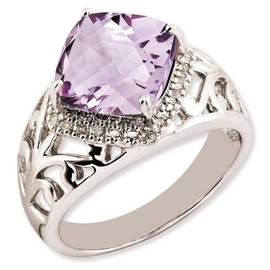Sterling Silver 14K White Gold Plated Checker-Cut Pink Quartz & Diamond Gemstone Birthstone Ring Fine Jewelry Gift for Her
