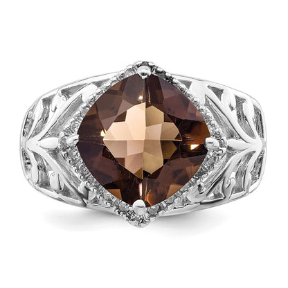 Sterling Silver Rhodium Checker-Cut Smoky Quartz & Natural Diamond Gemstone Birthstone Ring Fine Jewelry Gift for Her