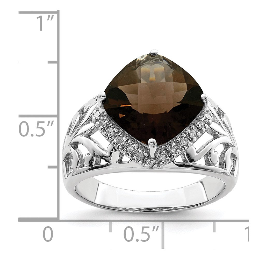 Sterling Silver Rhodium Checker-Cut Smoky Quartz & Natural Diamond Gemstone Birthstone Ring Fine Jewelry Gift for Her