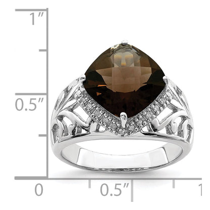 Sterling Silver Rhodium Checker-Cut Smoky Quartz & Natural Diamond Gemstone Birthstone Ring Fine Jewelry Gift for Her