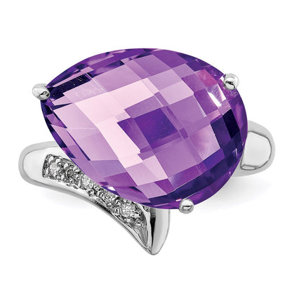 Sterling Silver Rhodium Plated Amethyst & Diamond Ring (Size 7 Only)