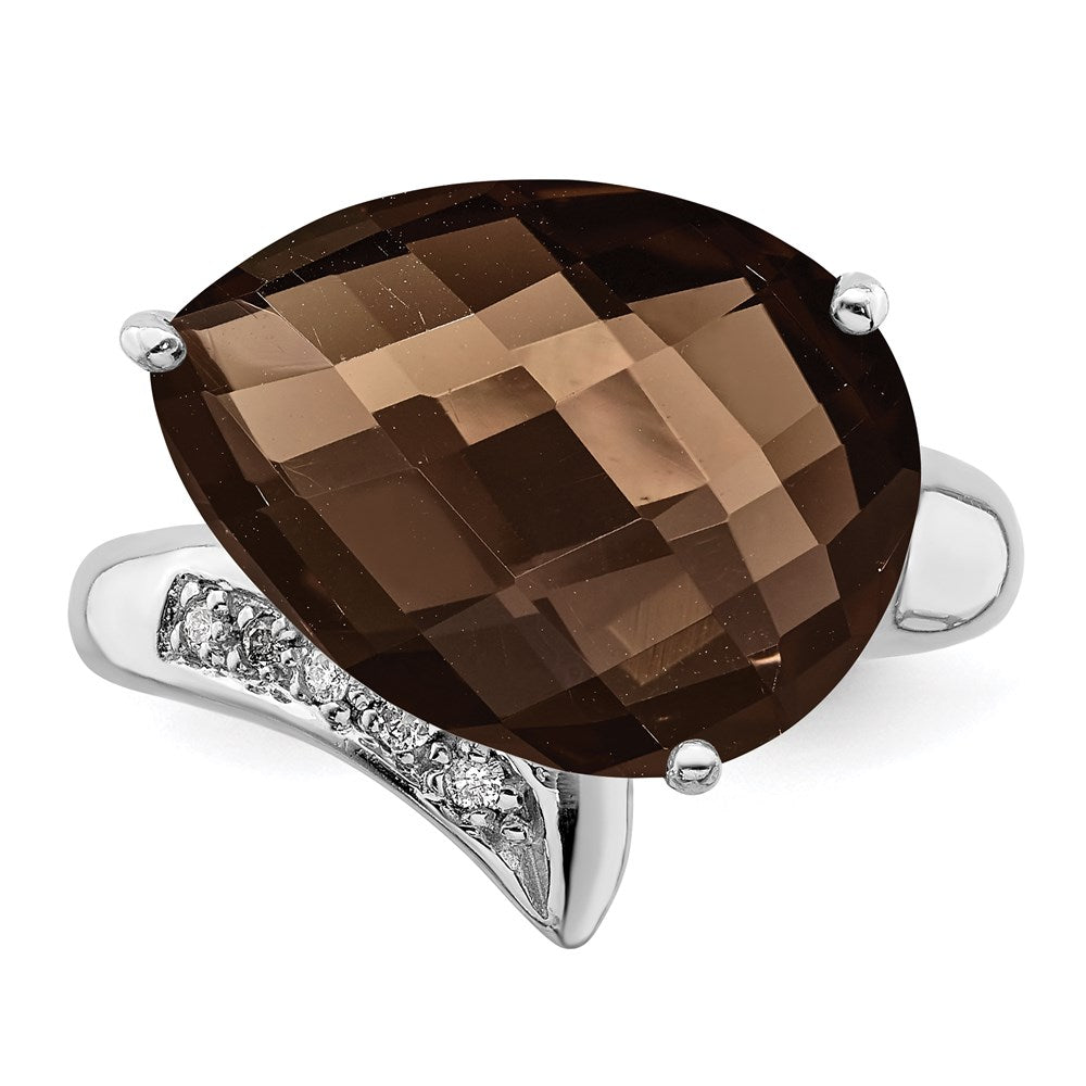 Sterling Silver Rhodium Smoky Quartz & Natural Diamond Gemstone Birthstone Ring Fine Jewelry Gift for Her