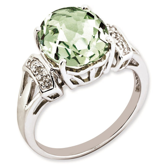 Sterling Silver RH-plated Oval Checker-Cut Green Quartz & Diamond Gemstone Birthstone Ring Fine Jewelry Gift for Her