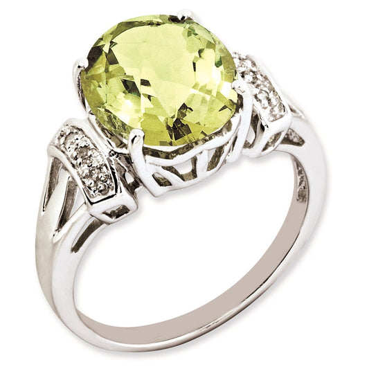 Sterling Silver RH-plated Oval Checker-Cut Lemon Quartz & Diamond Gemstone Birthstone Ring Fine Jewelry Gift for Her