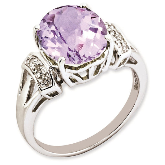 Sterling Silver RH-plated Oval Checker-Cut Pink Quartz & Diamond Gemstone Birthstone Ring Fine Jewelry Gift for Her